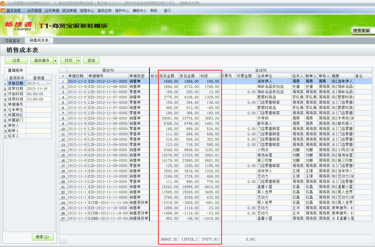用友t1商貿寶服裝鞋帽版11.5如何查詢銷售成本？
