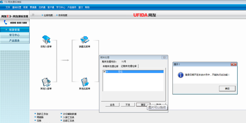 用友t3標準版核算管理月末結賬時提示‘登錄日期不在本會計月中，不能執行此操作’。